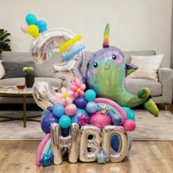 Alternative view of Happy Birthday Narwal Signature Balloon Centerpiece
